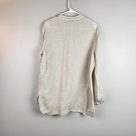 Italian Made Mandarin Collar V Neck Linen Roll Tab Sleeve Top XL - Picture 4 of 6